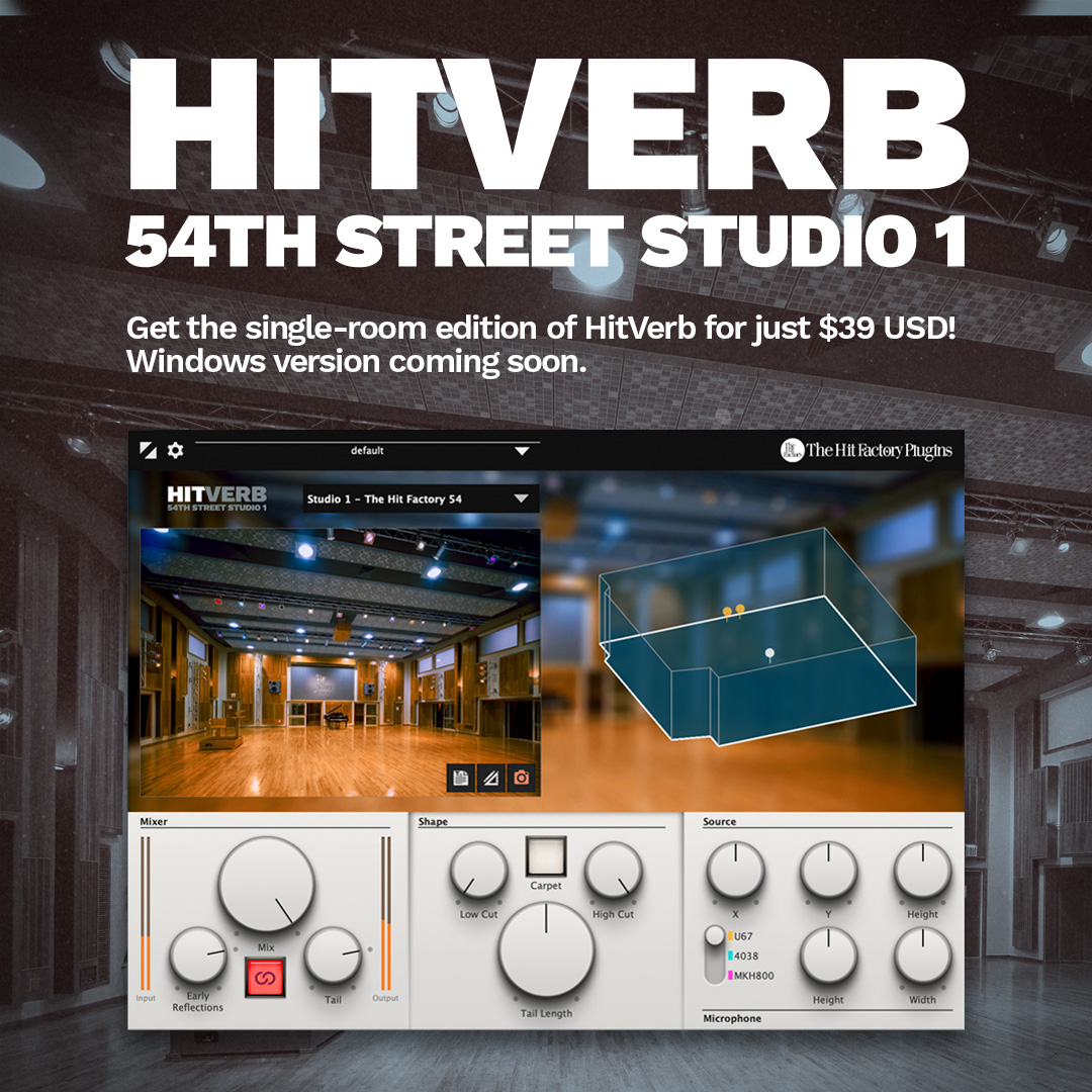 HitFactoryPlugs's tweet photo. Introducing... HitVerb 54th Street Studio 1! Get this single-room edition of HitVerb for just $39 USD! Available now for Mac, Windows version coming soon! 

More info: https://t.co/pd6h6cumlj
#audioproduction #musicproduction #recordingstudio https://t.co/xfMJ0jKKKb