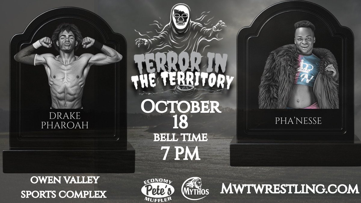 mwtwrestling's tweet image. Breaking:
#MWTerror Announcement:

Michigan’s top young prospect Drake Pharaoh collides with the debuting Totally Plastic Pha’nesse, whose very presence commands every spotlight. 

📆 10/18 | 📍 OVSC – Spencer, IN | ⏰ 7
🎟️ buytickets.at/midwestterrito…
🎃 FREE Trunk or Treat: 5:30 🎃