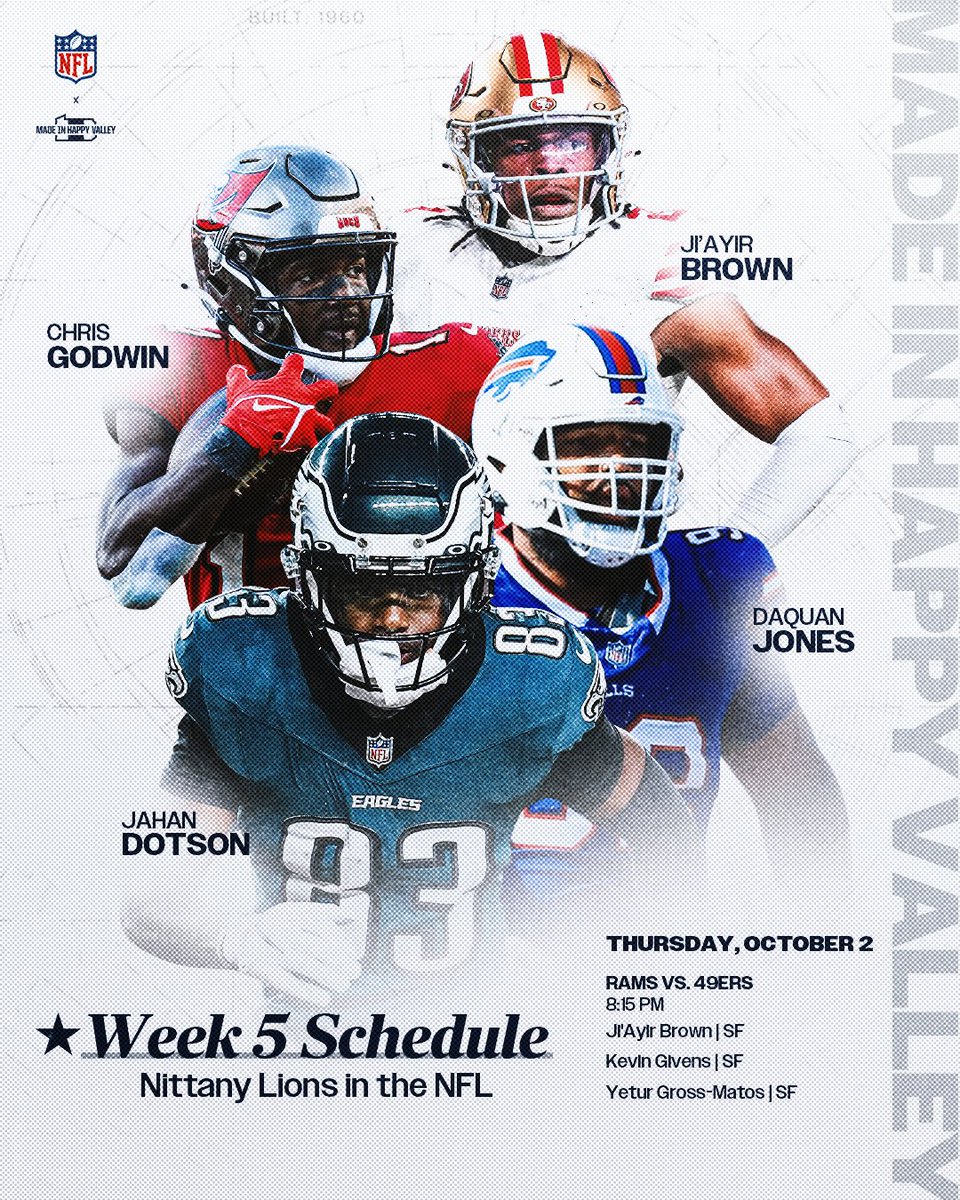 PennStateFball's tweet image. Your Nittany Lion @NFL Week 5 matchups ⬇️

#WeAre | #MadeInHappyValley