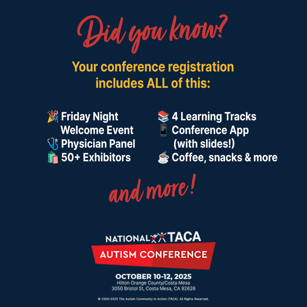 Join us for 3 days of learning &amp; community!

The National TACA Autism Conference is just around the corner—and registration is only $299 right now! (Onsite = $399) Save your spot today!

 Learn more &amp; register: 
web.cvent.com/event/97883cba…