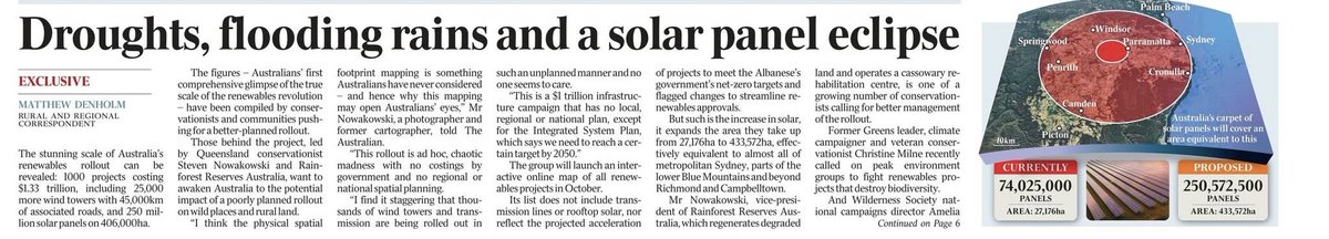 The stunning scale of Australia's renewables rollout can be revealed: 1000 projects costing $1.33 trillion, including 25,000 more wind towers with 45,000km of associated roads, and 250 million solar panels on 406,000ha.