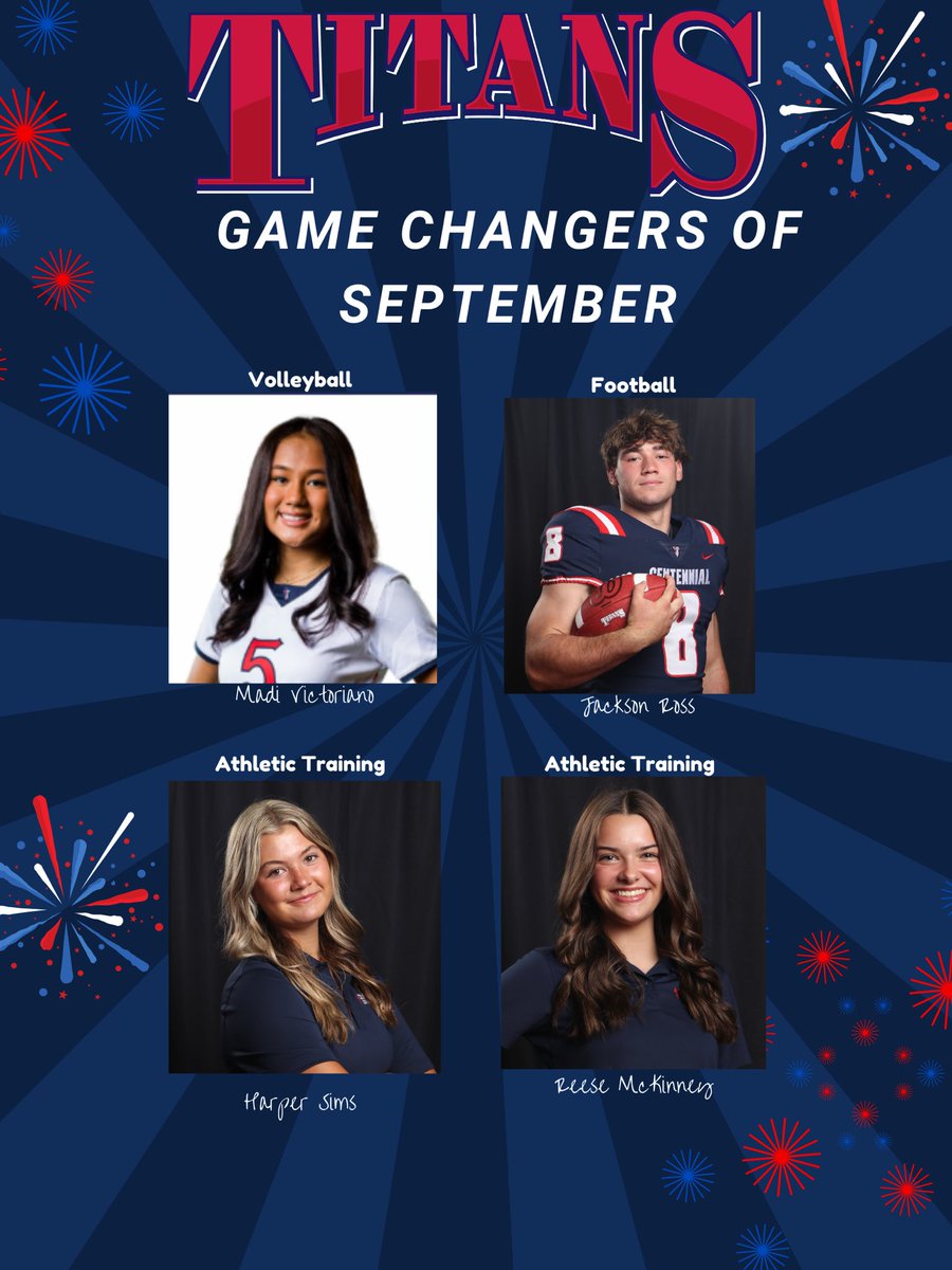 Titan Nation, help us celebrate our Athletes of the Month for September! ❤️ 💙

These incredible athletes are true Game Changers on the field, and in the classroom. 

#TitanNation #TitanAthletes #Cen10Pride