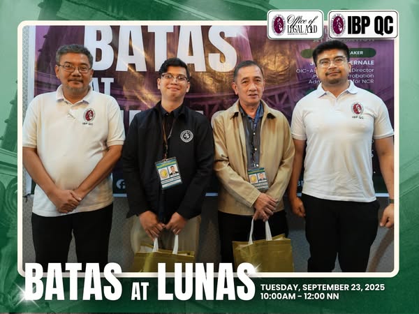 IBP_NCLA's tweet image. IBP Quezon City
September 23, 2025

Learning never stops! Thanks to everyone who tuned in to the IBP QC Chapter's brand new "Batas at Lunas" Facebook Live focusing on Parole &amp;amp; Probation.

#IBPNCLA
#ServeTheCountryHailTheIBP
#IBPLegalAid
