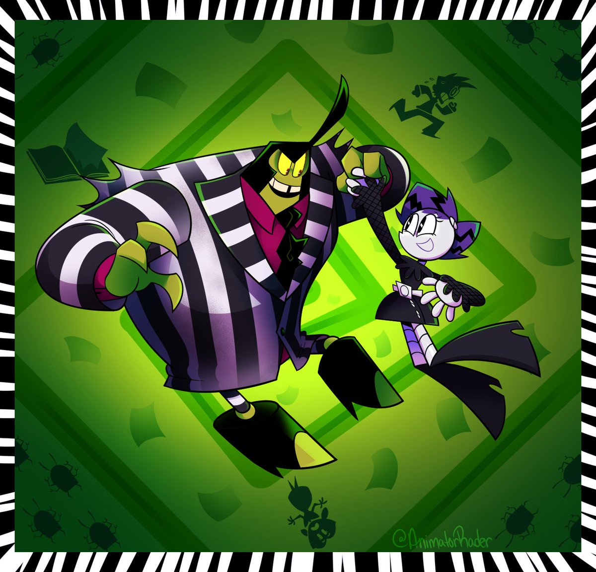 AnimatorRader's tweet image. It&apos;s spooky month! 🪲🎃

Back to my Beetlejuice AU! 

#mlaatr #mylifeasateenagerobot #fanart #smytus #xj9