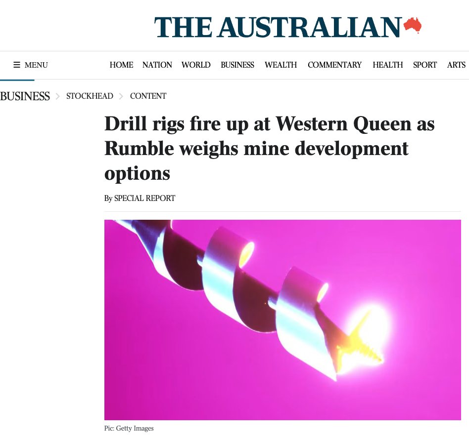 <a href="/RumbleResources/">Rumble Resources Ltd</a> (#ASX: $RTR) kicks off a busy quarter with extension and infill drilling plus mining studies as we target H2 2026 production at Western Queen #gold and #tungsten project. See <a href="/australian/">The Australian</a> for more about our solid multi-commodity momentum: tinyurl.com/4nb5b3xb