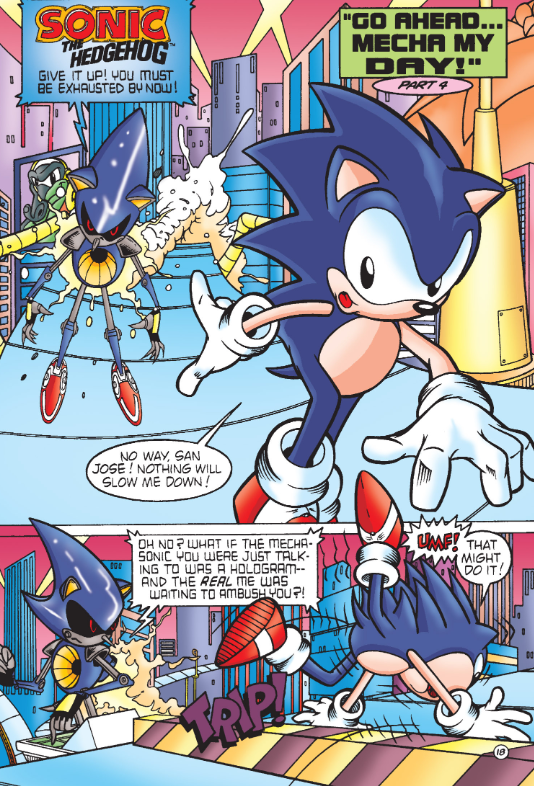 NeoNoiseBombART's tweet photo. That's some insane cherry picking right there. You've picked one of the worst issues art-wise just to glaze a different Sonic comic. Early Archie Sonic issues had amazing art like the Mecha Madness Special and issue #25.

(1/2) https://t.co/2jreRuVu1d