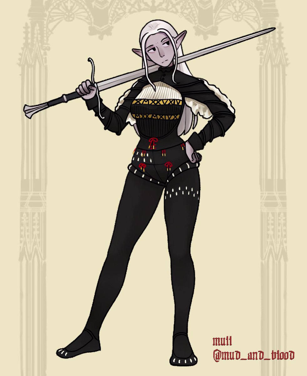A half-elf mercenary from North Valeria, a region which borders the Imperial Duchy of Soderlingen.

"Real" elves don't actually exist on this continent (if at all), so any elf-looking person is technically more human than elf at this point in history
