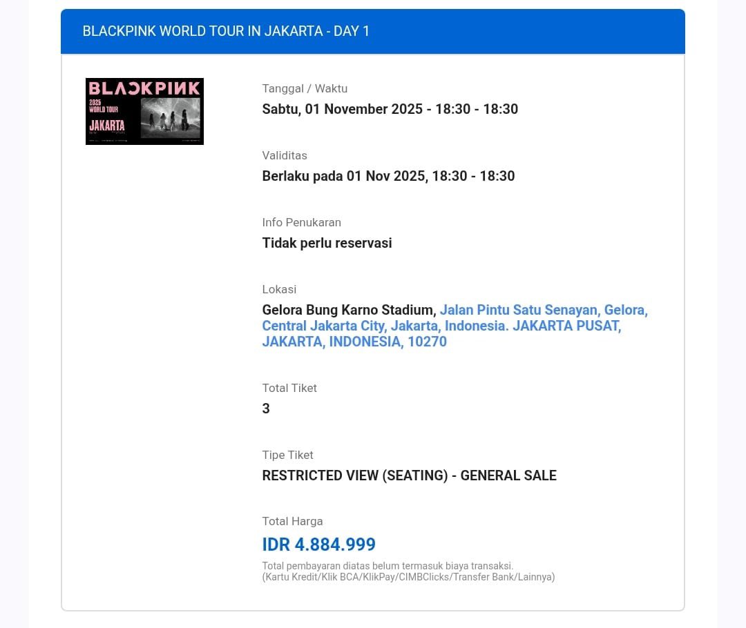 rhamdalf's tweet photo. WTS TIKET KONSER BLACKPINK WORLD TOUR (DEADLINE) IN JAKARTA

DAY 1 - RESTRICTED VIEW (SEATING) - 3 TIX
• Hari Sabtu, 01 November 2025
• Boleh ambil satuan atau 2 tix
• Milik pribadi
• Harga sesuai web

#WTS #ZONAUANG
#DEADLINE_IN_JAKARTA
#BLACKPINK_WORLDTOUR2025 https://t.co/IymcJ7F03m