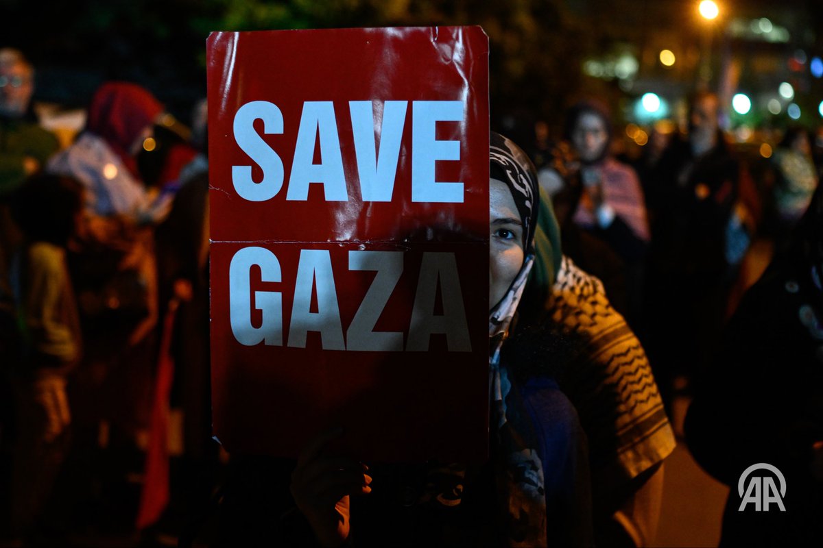 ANKARA, TURKIYE - OCTOBER 1: People gather in front of the US Embassy to protest against Israel’s attack on the Global Sumud Flotilla, which was on its way to Gaza to deliver humanitarian aid, in Ankara, Turkiye on October 1, 2025.

#anadoluimages #SumudFlotilla #gaza