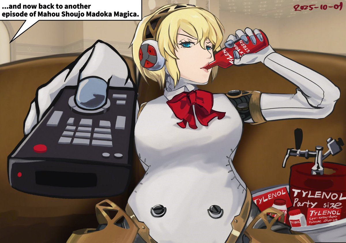 JudetheObscured's tweet image. Aigis takes Tylenol to numb her pain (Persona 3)