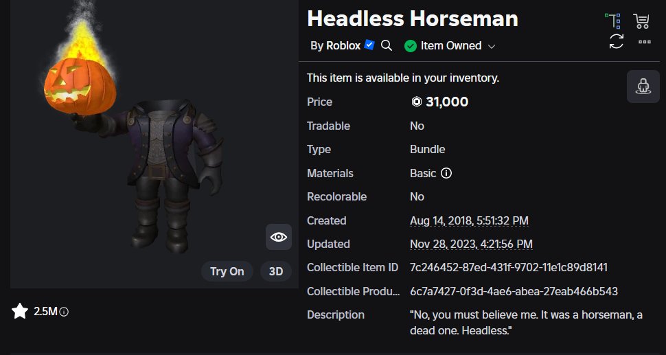 Asht_ro's tweet image. 🎃Giving Headless Horseman to 2 lucky people!
To enter the giveaway:
- Like & Retweet
- Follow me on Twitter with notifs on
- Follow me on Roblox (roblox.com/users/14281563…)
- Comment a gamepass (R$45,000)
2 winners will be chosen on October 30th!