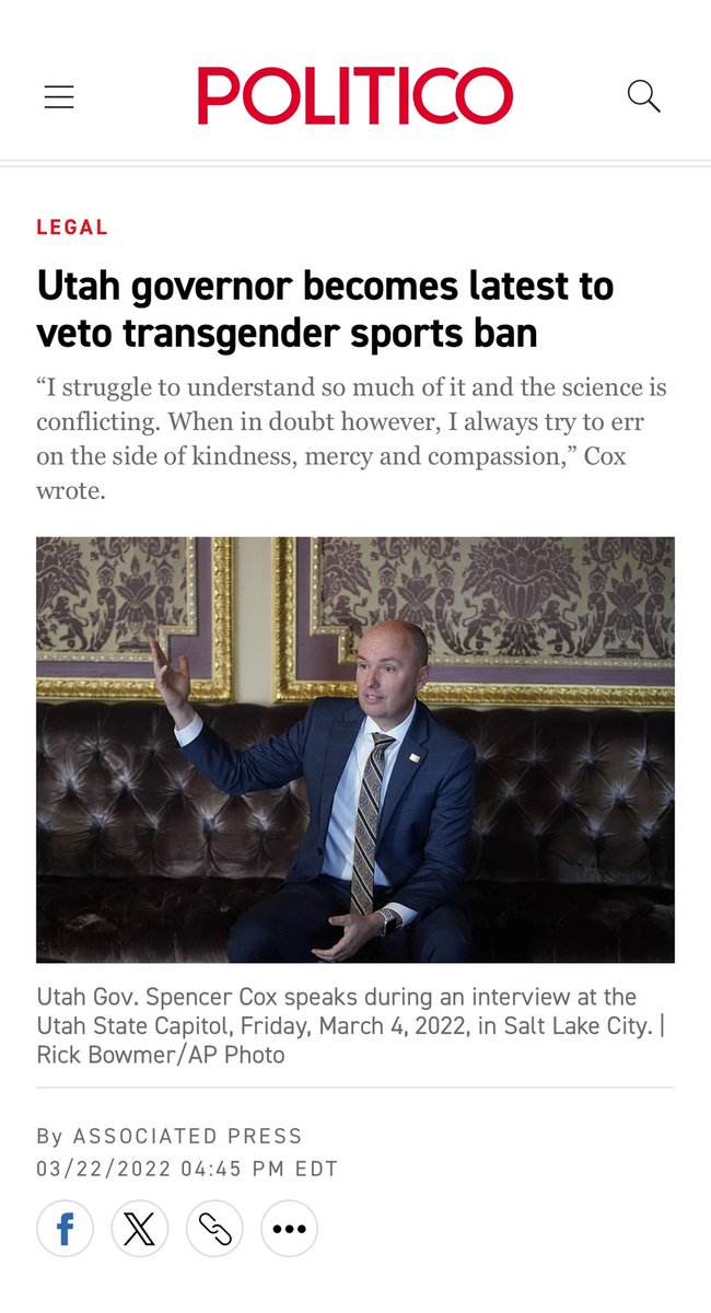 🚨Gov. Spencer Cox’s Veto of HB 11: A Betrayal of Utah’s Girls and Our Values🚨

Utah Gov. Spencer Cox’s veto of HB 11 on March 22, 2022, was a gut-punch to every girl in our state who deserves a fair shot in sports. This bill, designed to protect female athletes by barring