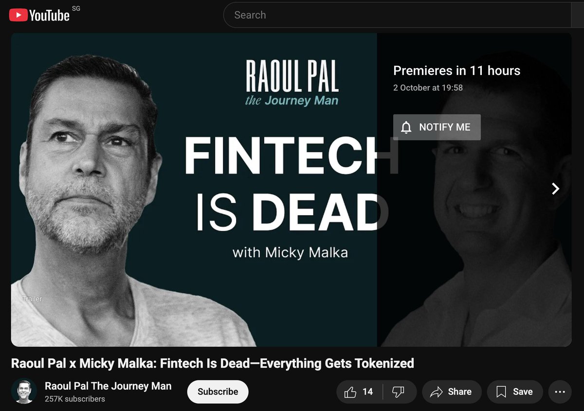 "Fintech is Dead: Everything gets tokenized"

<a href="/RaoulGMI/">Raoul Pal</a> x <a href="/mickymalka/">Micky 🐸</a> premiere in 11 hrs.

OC $TIBBIR / Nosleepszn / gribbit