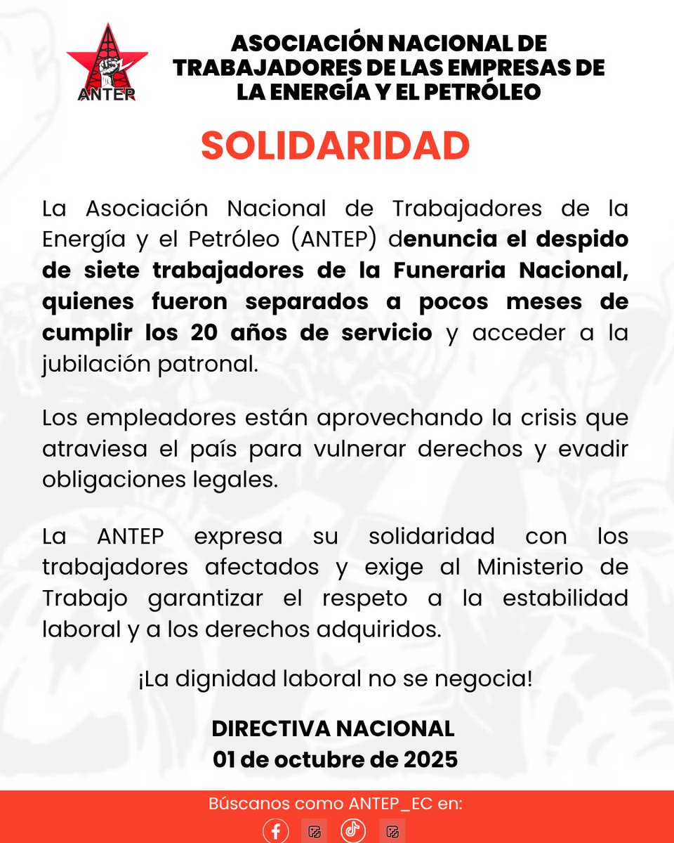 antep_ec's tweet photo. 📢 ANTEP denuncia despidos arbitrarios

Funeraria Nacional desvinculó a 7 trabajadores a pocos meses de acceder a la jubilación patronal.

Los empleadores aprovechan la crisis para vulnerar derechos de sus trabajadores. 

✊ ¡La dignidad laboral no se negocia! https://t.co/2cMOfCsbGa