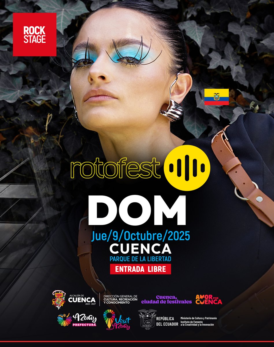 Rotofest's tweet photo. 🎸 DOM en el Rock Stage de #Rotofest2025
Desde Cuenca al mundo 🌍, Dom trae su energía indie-rock tras compartir escenario con Los Fabulosos Cadillacs 🎤🔥
📅 Jue 9 OCT · 12h00
📍 Parque de la Libertad – Cuenca
🎟 Entrada libre
#Rotofest #RockStage #Cuenca https://t.co/Ac05QvAOUB