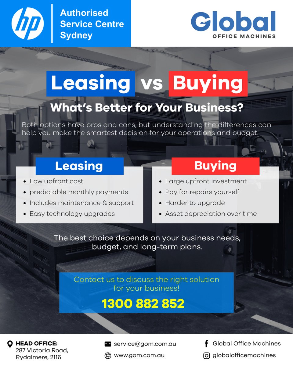 GOM_AU's tweet photo. Buy or lease a printer?
Buying = long-term investment.
Leasing = flexible and easier on your cash flow.

Still unsure whether to buy or lease your office printer?
We can help you analyze your business.

Contact us today:
📞 1300 882 852
✉️ service@gom.com.au https://t.co/Z1ktEdcLk7