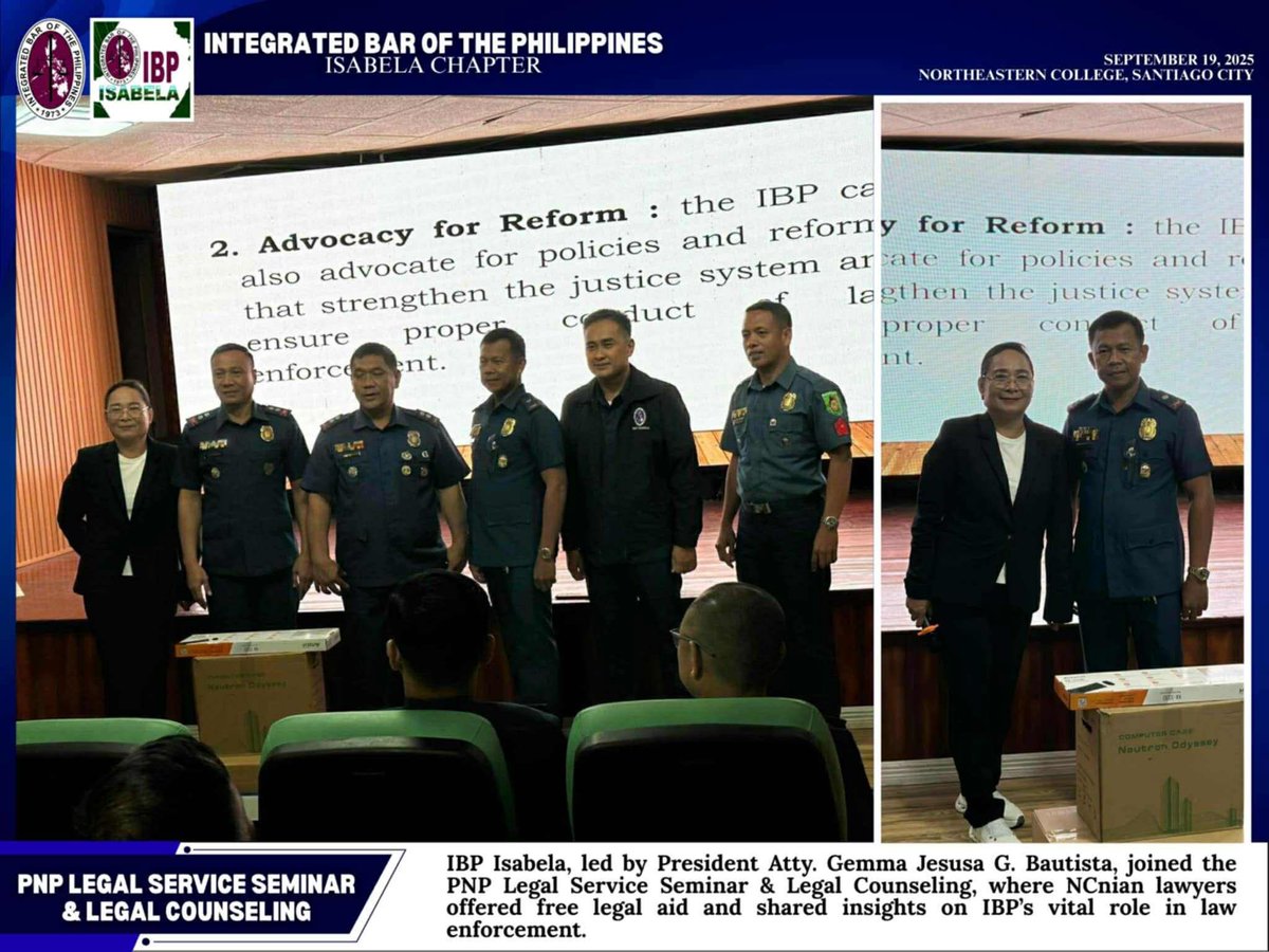 IBP_NCLA's tweet image. IBP Isabela
September 19, 2025

IBP Isabela holds PNP Legal Service Seminar and Legal Counseling

#IBPNCLA
#ServeTheCountryHailTheIBP
#IBPLegalAid