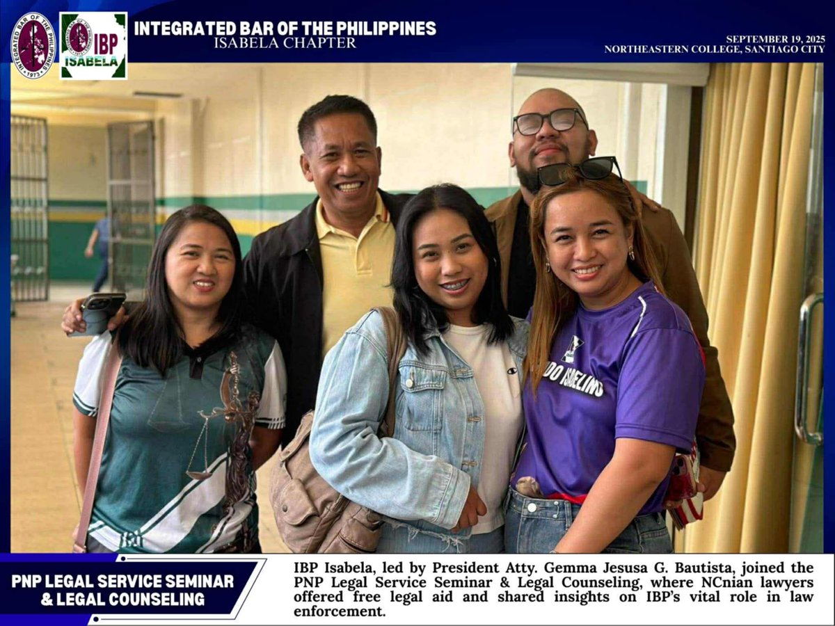 IBP_NCLA's tweet image. IBP Isabela
September 19, 2025

IBP Isabela holds PNP Legal Service Seminar and Legal Counseling

#IBPNCLA
#ServeTheCountryHailTheIBP
#IBPLegalAid