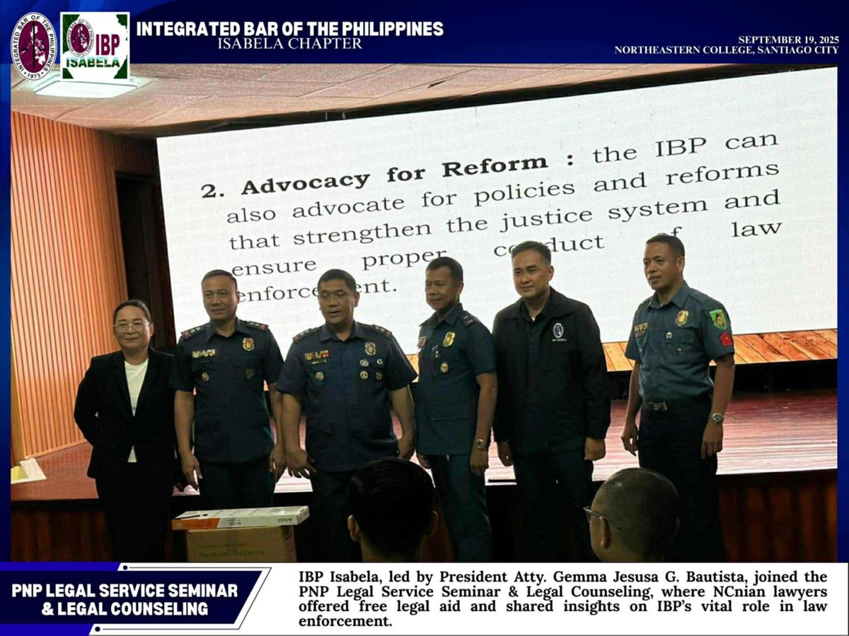 IBP_NCLA's tweet image. IBP Isabela
September 19, 2025

IBP Isabela holds PNP Legal Service Seminar and Legal Counseling

#IBPNCLA
#ServeTheCountryHailTheIBP
#IBPLegalAid