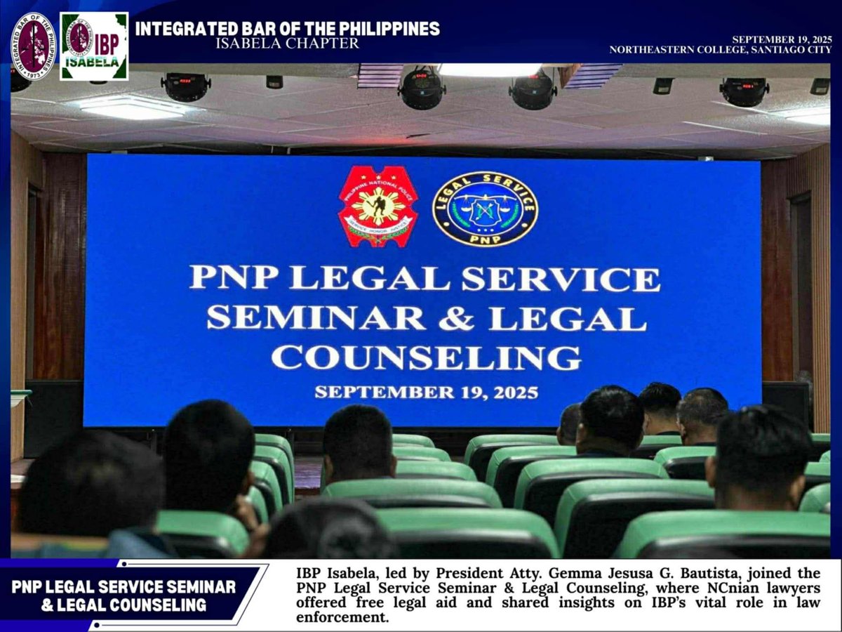 IBP_NCLA's tweet image. IBP Isabela
September 19, 2025

IBP Isabela holds PNP Legal Service Seminar and Legal Counseling

#IBPNCLA
#ServeTheCountryHailTheIBP
#IBPLegalAid