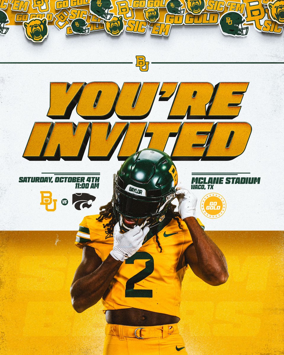 Super excited to be on my hometown turf this Saturday <a href="/BUFootball/">Baylor Football</a> vs Kansas State game!! #SicEm 
<a href="/ahunt90/">Aaron Hunt</a> <a href="/AppleberryBU/">Aaron Appleberry</a> <a href="/GrayGrundhoefer/">Grayson Grundhoefer</a> <a href="/GPowersScout/">Greg Powers 🏟️</a> <a href="/SicemRecruiting/">Baylor Football Recruiting News</a> <a href="/anthonyajmauro/">Anthony Mauro</a> <a href="/EdParisJr/">Ed Paris</a> <a href="/CoachK_Johnson/">Coach KJ</a> <a href="/TEP5252/">TEP’S QB HUNTING CLUB EST. 2012</a> <a href="/JermaineCarpent/">Coach Carp</a> <a href="/RespectxSports/">R.E.S.P.E.C.TX</a>