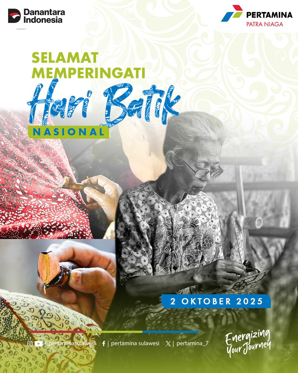pertamina_7's tweet photo. Selamat Hari Batik Nasional ✨
2 Oktober 2025
Batik bukan sekadar kain, tapi warisan budaya Indonesia yang penuh makna dan kebanggaan.
Setiap guratan motifnya menyimpan cerita, identitas, serta jati diri bangsa.

Mari lestarikan batik dengan bangga memakainya di setiap kesempatan, karena batik adalah kita, Indonesia. 🇮🇩
#HariBatikNasional #BatikIndonesia #BanggaBerkainBatik #PertaminaPatraNiaga #EnergyForIndonesia