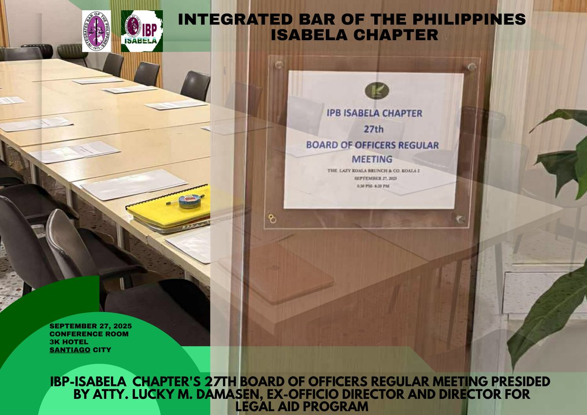 IBP_NCLA's tweet image. IBP Isabela
September 27, 2025

IBP Isabela 27th Board of Officers Regular Meeting

#IBPNCLA
#ServeTheCountryHailTheIBP
#IBPLegalAid