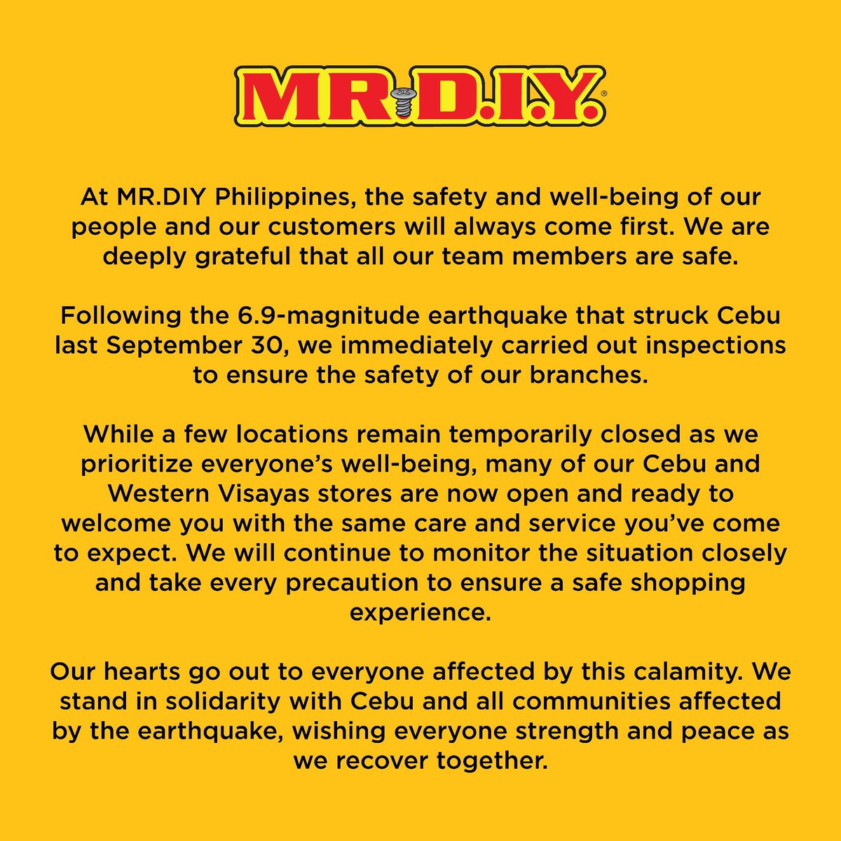 mrdiyPH's tweet image. Our thoughts are with everyone affected by the recent earthquake in Cebu. 

The safety of our teams and customers remains our top priority as we work together towards recovery.

#MRDIYPH