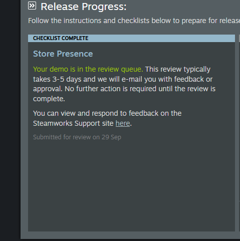 Hey all!

Demo update: Steam flagged that our title image was hidden by their demo banner 😅📷. We fixed it and resubmitted for review. Wish there was a template for banner placement...must’ve missed it.

Cheers and thank you for you patience!