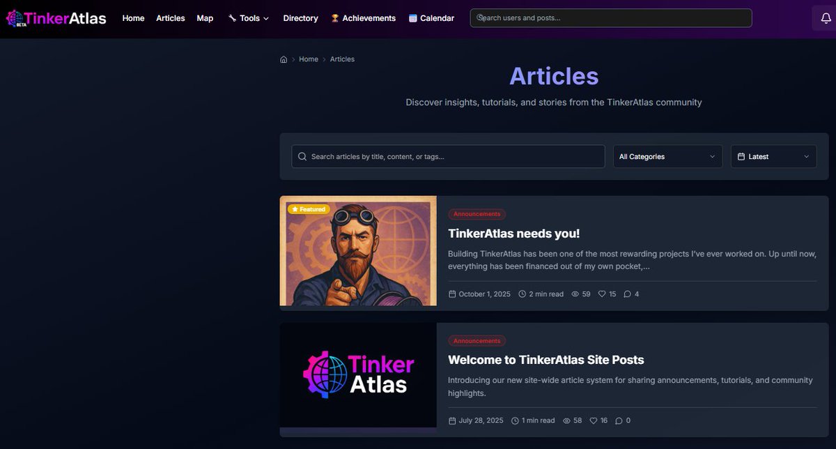 I've got lots of work done on <a href="/TinkerAtlas/">TinkerAtlas</a> since the last update. Bug fixing, and new features like the articles. I plan to post things like Featured Maker, howto's, and more there. Check it out here: tinkeratlas.com/articles

Please like and share, it helps. :D #3dprinting