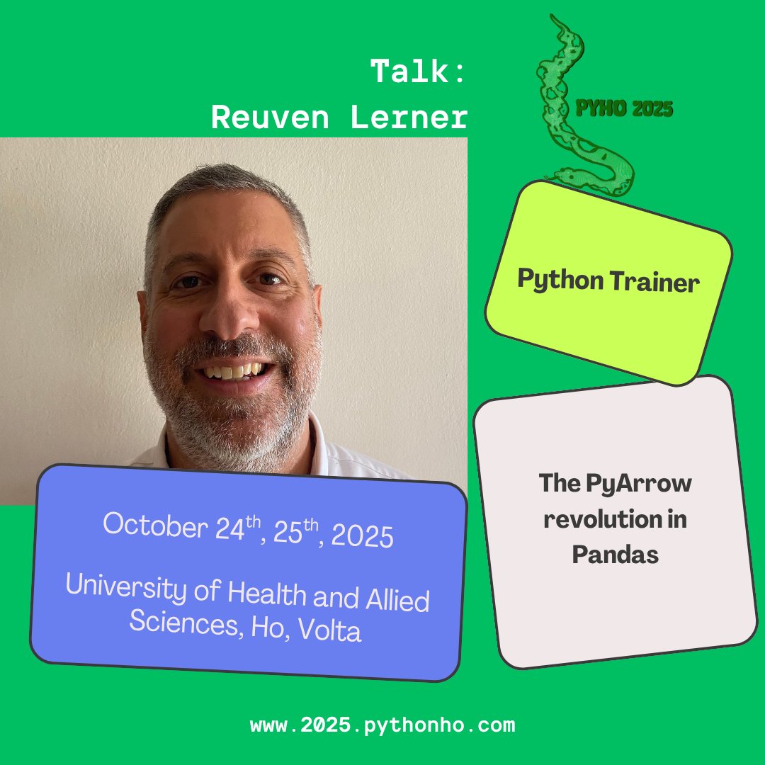 PythonHo's tweet image. What are Arrow and PyArrow?
Meet @reuvenmlerner breaking down the shift from using NumPy as the sole internal backend to integrating PyArrow.
How they affect Pandas today, and in the future.
📅 Oct 24–25, Ho