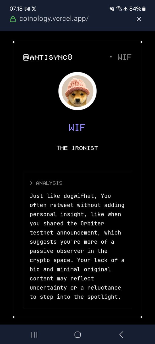 antisync8's tweet photo. According to my twitter data, I give $WIF vibes.
Bullish?
@vana
Try Coinology on https://t.co/VZIEGDKpQE. #datarevolution https://t.co/qHkGkWnzpu