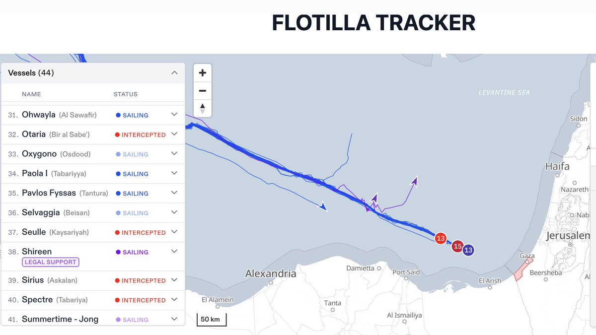 At least 30 vessels are still sailing toward Gaza, according to the online Sumud Flotilla tracker. globalsumudflotilla.org/tracker/