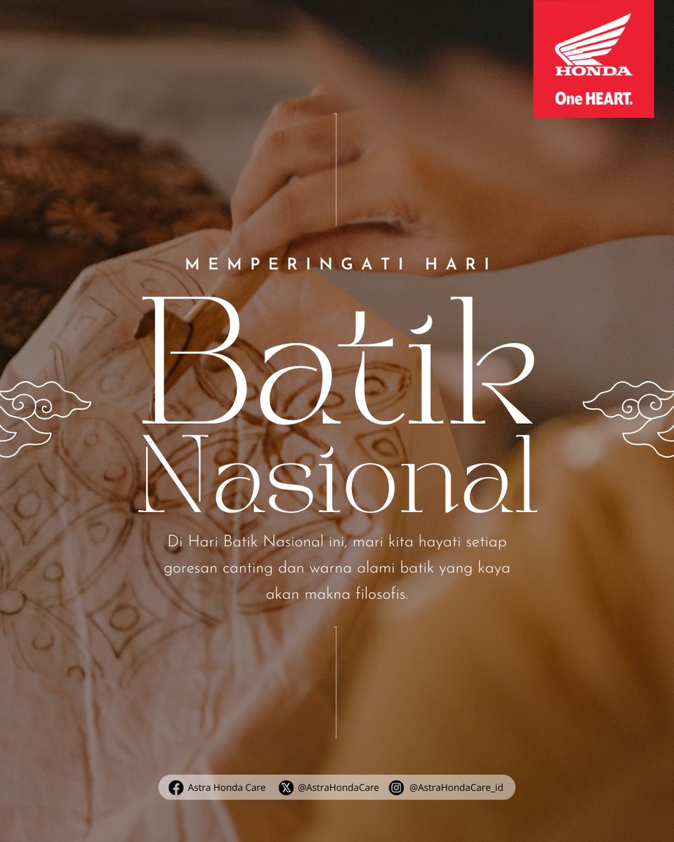 Selamat Mempertingati Hari Batik Nasional

Di Hari Batik Nasional ini, mari kita hayati setiap goresan canting dan warna alami batik yang kaya akan makna filosofis

#AstraHondaCare #Cari_Aman #SalamSatuHati #Batik