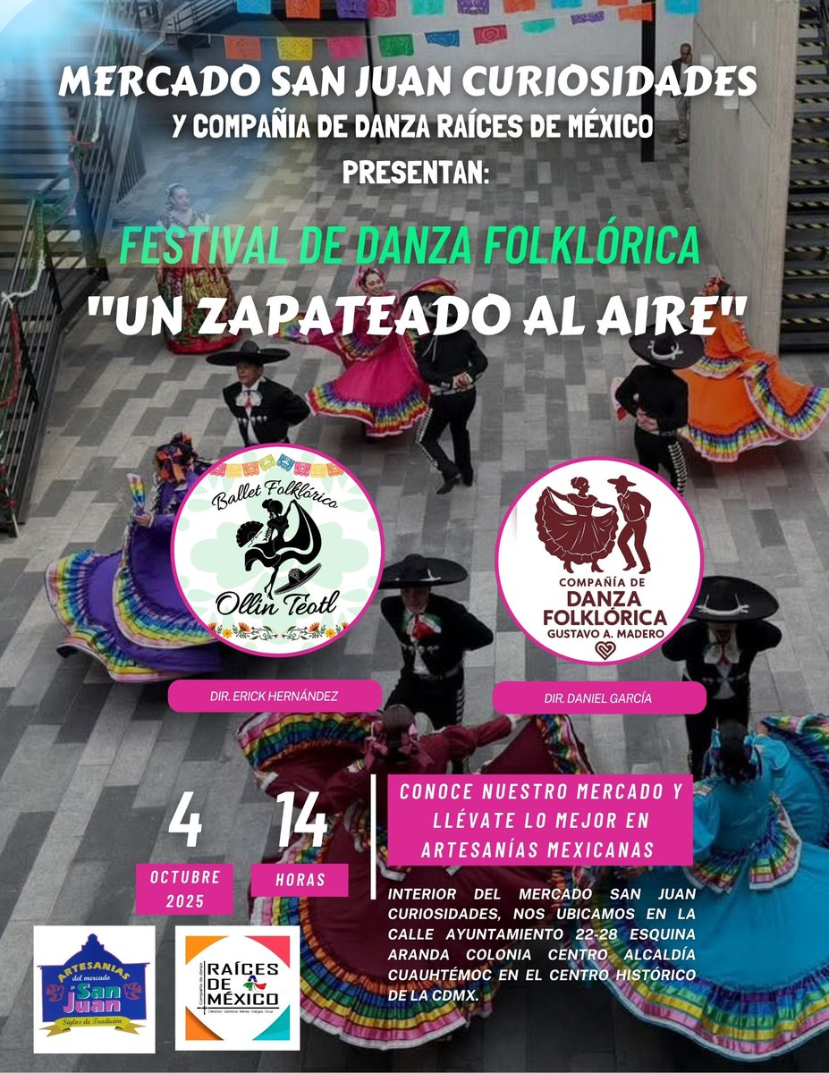El festival de danza "Un zapateado al aire" tiene como invitados al Ballet Folklorico Ollin Téotl  y a la Compañía de danza Folklórica Gustavo A Madero! este sábado 4 de OCTUBRE del 2025💃✨
Te esperamos a partir de las 2:00 pm.
#artesaniasmexicanas
#danzafolklorica