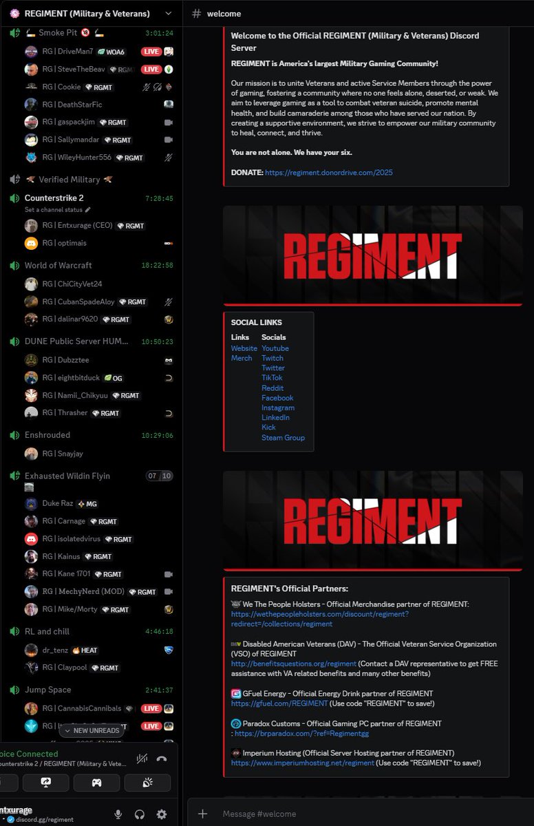 REGIMENT’s Discord server is super active tonight! 

Three of the voice channels have been active for more than 10 hours today. 

Never game alone again. Join <a href="/RegimentGG/">REGIMENT 🇺🇸</a>’s Discord server!