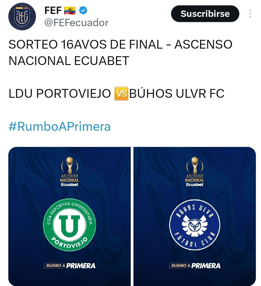 ⚽️ <a href="/LigaPortoviejo/">Liga de Portoviejo</a> jugará ante  <a href="/BuhosULVR_ec/">Búhos ULVR</a> en los 16avos de final del torneo nacional de #ascensoecuador.