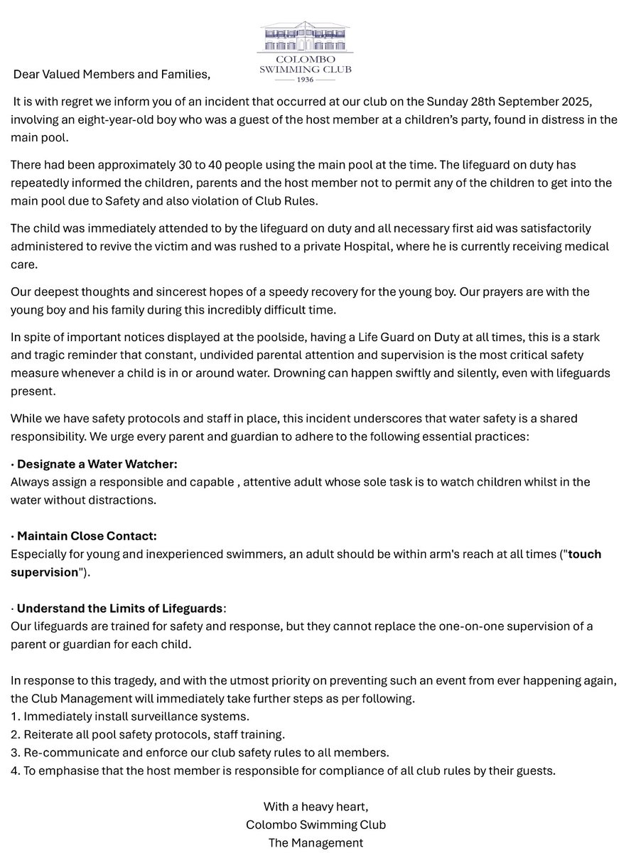 What an absolutely disgraceful response by the Colombo Swimming Club, filled with inaccuracies and falsehoods.

1. The parents were never told to take their children out of the pool because the club itself consented to a pool party, even though previous committees had stopped