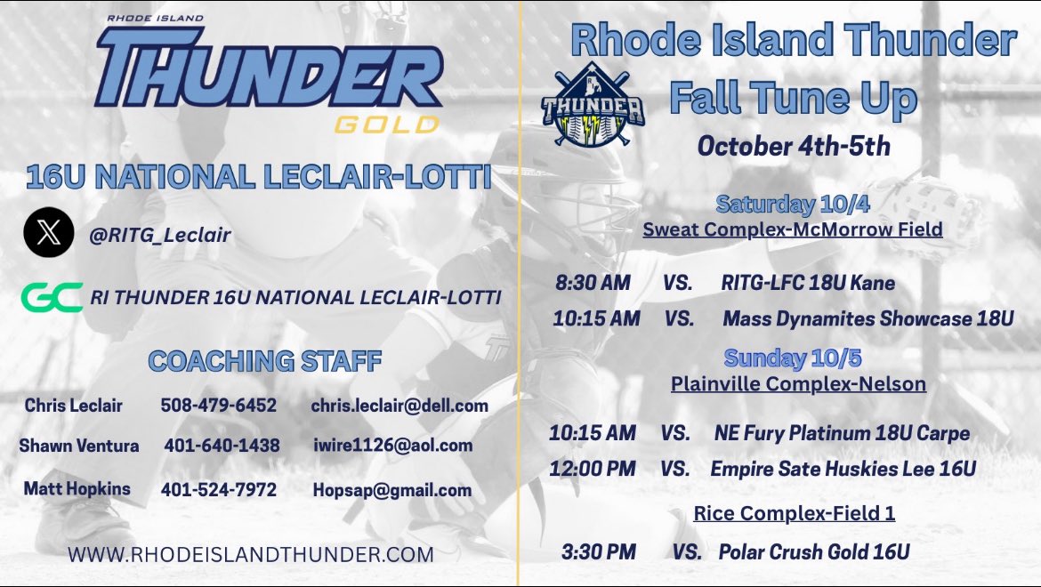 I am so excited to get going with this new group! Here’s the schedule for this weekend ⬇️📍Hope to see you there! <a href="/RITG16unational/">RI Thunder Gold 16u National- Lotti</a> <a href="/leclaircoach/">Chris Leclair</a> <a href="/thunderjam134/">dave lotti</a> <a href="/BobRossiRITG/">Bob Rossi</a> <a href="/CoachDocHop/">Coach Doc Hop</a> <a href="/HopsAP/">HopsAP</a> <a href="/ExtraInningSB/">EXTRA INNING SOFTBALL</a>