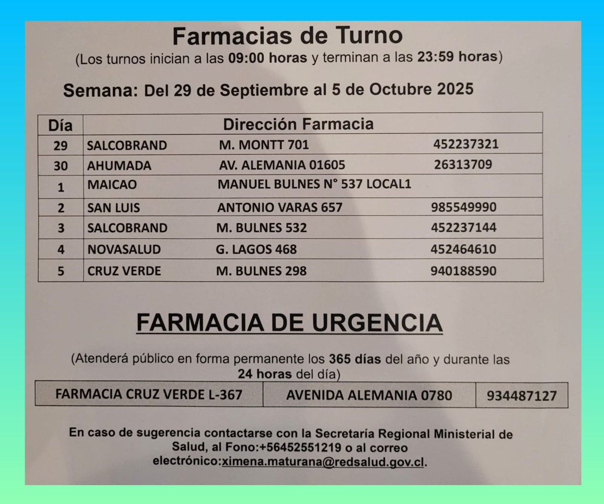 Farmacia de turno en #Temuco hasta las 00:00 horas