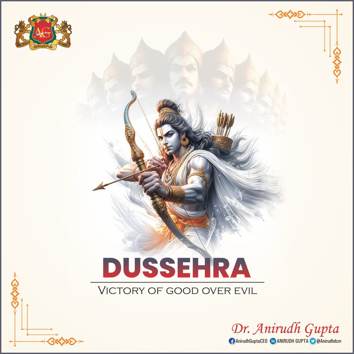 On the occasion of the festival of Dusshera, Let us celebrate the victory of good over evil and light over darkness. May the spirit of truth, courage, and righteousness guide us in every step of life. Wishing everyone happiness, harmony, and new beginnings...