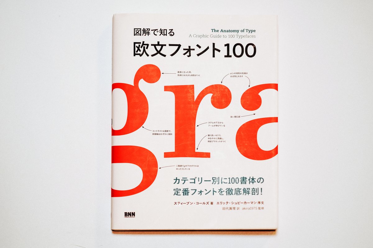 欧文フォント選びで迷っている方におすすめの本を紹介します。一見地味ですがBESTな欧文フォント100個が解説された素晴らしい一冊。手元に置いて手垢がつくほど愛用しています。カテゴリー別に分類され、右下には「こんな場面に」とワンポイントアドバイスが記載されており、とても便利です！