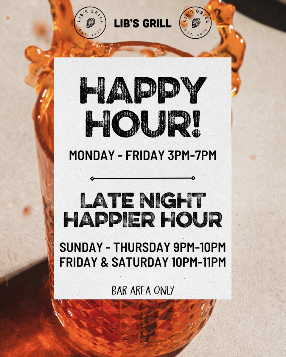 LibsGrillML's tweet image. When the sun goes down, the fun turns up with LATE NIGHT HAPPIER HOUR!  
Sun–Thurs: 9–10pm | Fri &amp;amp; Sat: 10–11pm  
Cheers to more reasons to stay out late! 

#HappierHour #LateNightVibes #LibsGrill #HappyHour #BarSpecial