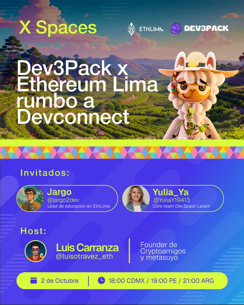🚀 De los Bootcamps al Hackathon
Ethereum Lima x Dev3Pack rumbo a Devconnect

📖 ¿Sabías que 1inch nació en un hackathon y hoy es un gigante DeFi?
Mañana puede ser tu proyecto.

Mañana puede ser tu proyecto, conoce oportunidades de bootcamps y los
Hackaton que se vienen