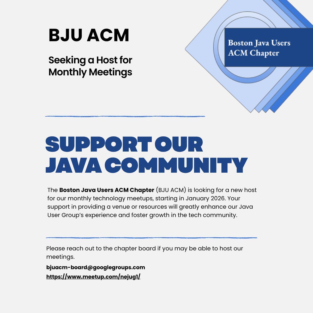 BostonJavaUsers's tweet image. We&apos;re looking for a new venue to host our meetings at in 2026. Got a lead? Please reach out to bjuacm-board@googlegroups.com