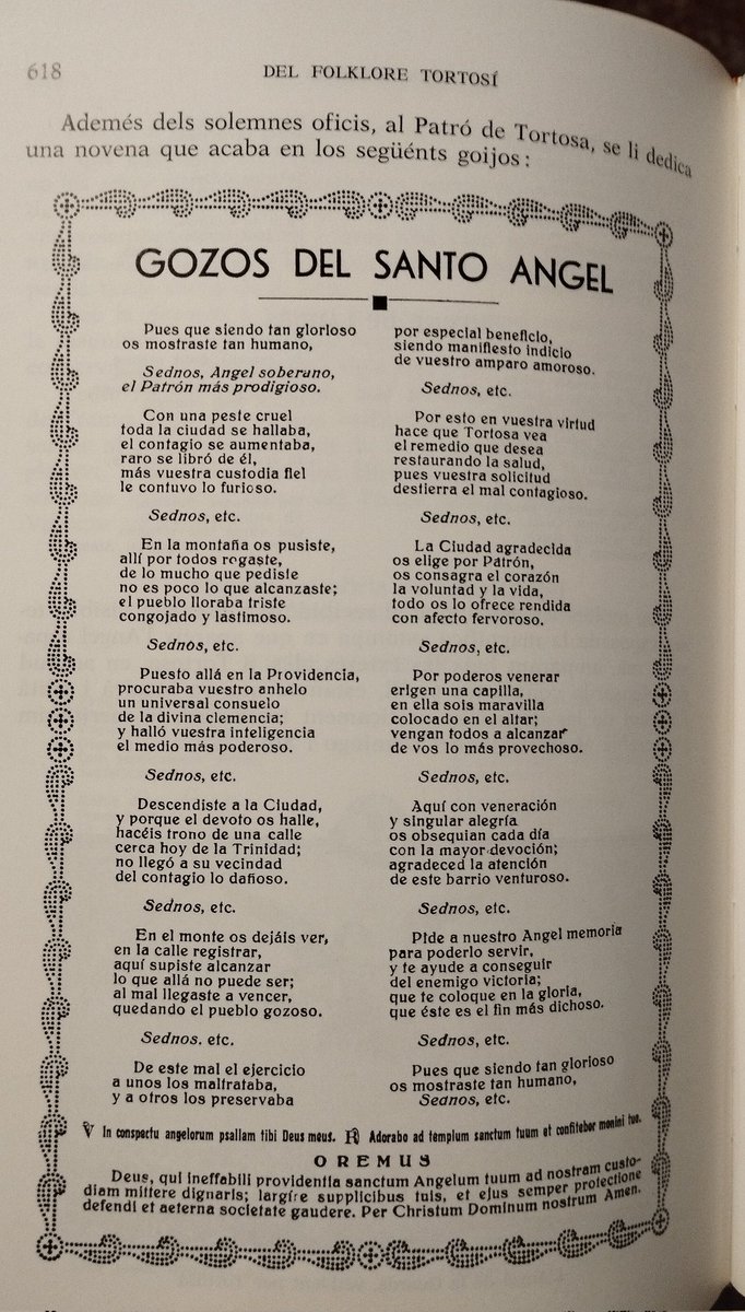 Avui és un dels Patrons de #Tortosa , l'Àngel Custodi. Moltes felicitats!! 
Us deixo amb els goigos que recull Joan Moreira al Folklore Tortosí per a la celebració del sant.