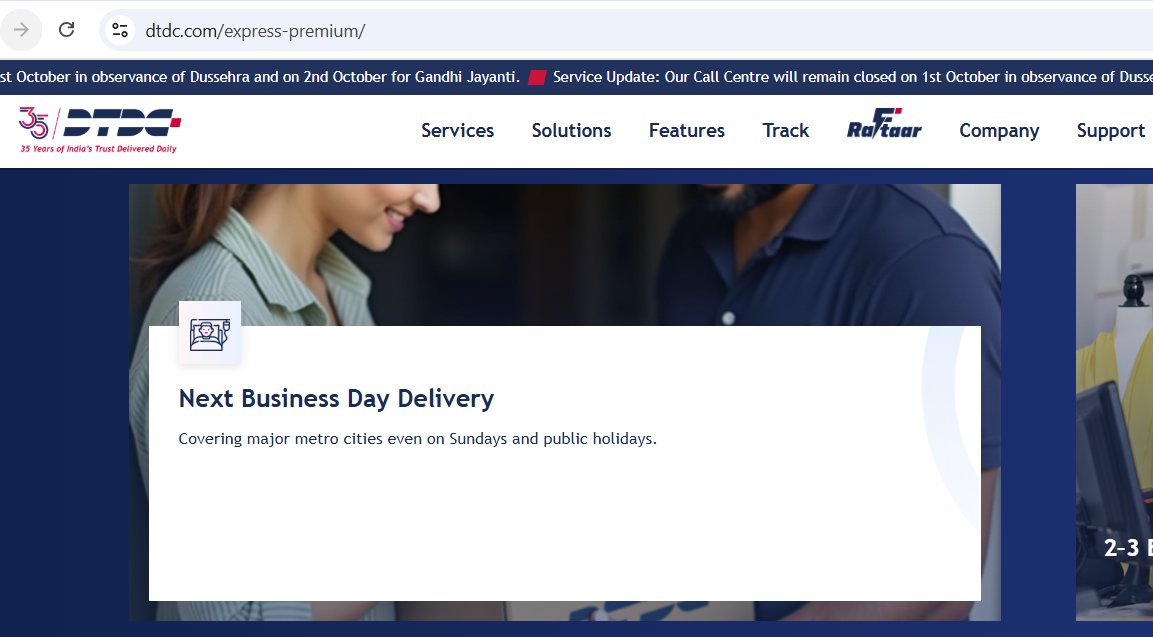 _sethia's tweet photo. Frustrating that even in 2025, the likes of @DTDCIndia can claim Next Day Business Delivery (Supposed to deliver even on Sundays and public holidays), charge a heavy premium service fee, and yet fail to deliver on the promise with no consequences. 

How can they continue to get away when there's even no functional support channel when an urgent courier gets stuck. Check other X posts/tweets. 

@jagograhakjago Please take action for the loss of time, money, and unnecessary hassles. India needs class action lawsuits, not just patchworks. #ConsumersUnite