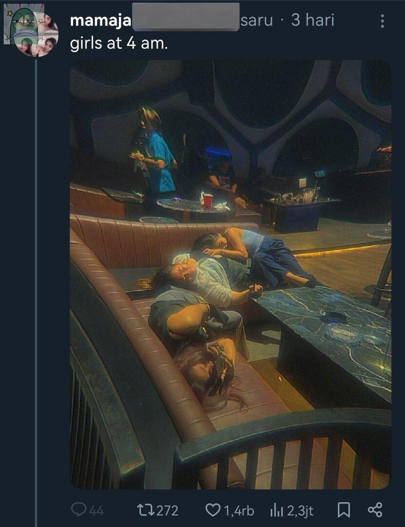 💚 Kemaren para perempuan pamer rokok dengan bangga, berlanjut pamer orientasi seksual yang menyimpang. Sekarang, tren berikutnya: bangga mabuk sepulang dugem.
Menunju Indonesia cemas 2026.