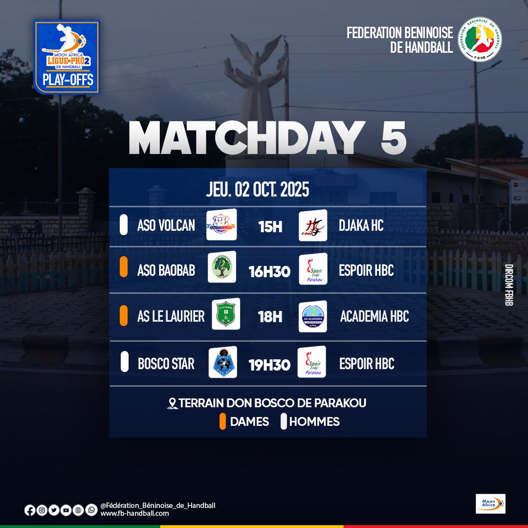 🏆 𝗣𝗟𝗔𝗬𝗢𝗙𝗙𝗦 𝗠𝗢𝗢𝗩 𝗔𝗙𝗥𝗜𝗖𝗔 𝗟𝗜𝗚𝗨𝗘 𝗣𝗥𝗢 𝟮

Les Playoffs de la Moov Africa Ligue Pro 2 continuent à Parakou avec une 5ᵉ journée pleine de promesses au terrain Don Bosco. Quatre affiches au programme ce jeudi 02 octobre 2025 :

#FBHB
 #MoovAfricaLiguePro2