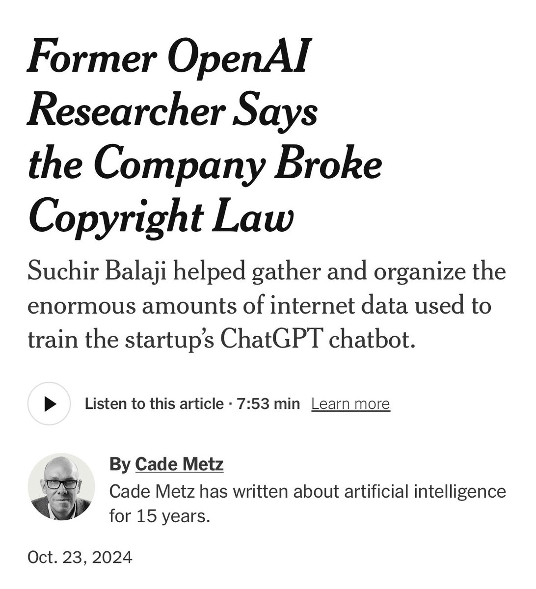 The release of Sora seems like a good time to remember what Suchir Balaji said about his former company

I wish he were still with us today.

nytimes.com/2024/10/23/tec…